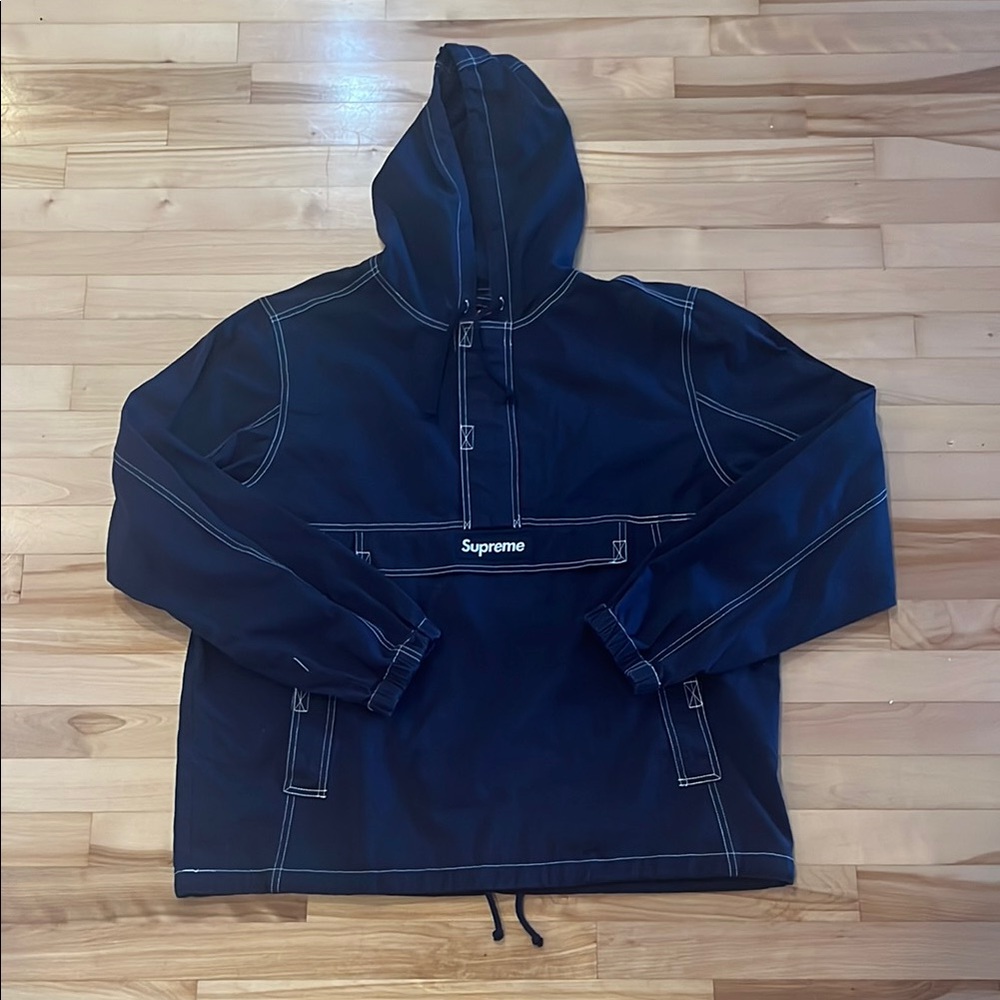 Supreme Navy Hooded Jacket with White Stitching